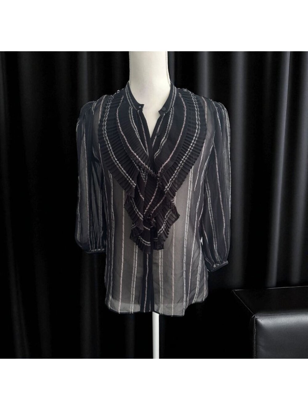 WHITE HOUSE BLACK MARKET WHBM Black White Striped Sheer Ruffle Blouse Size S